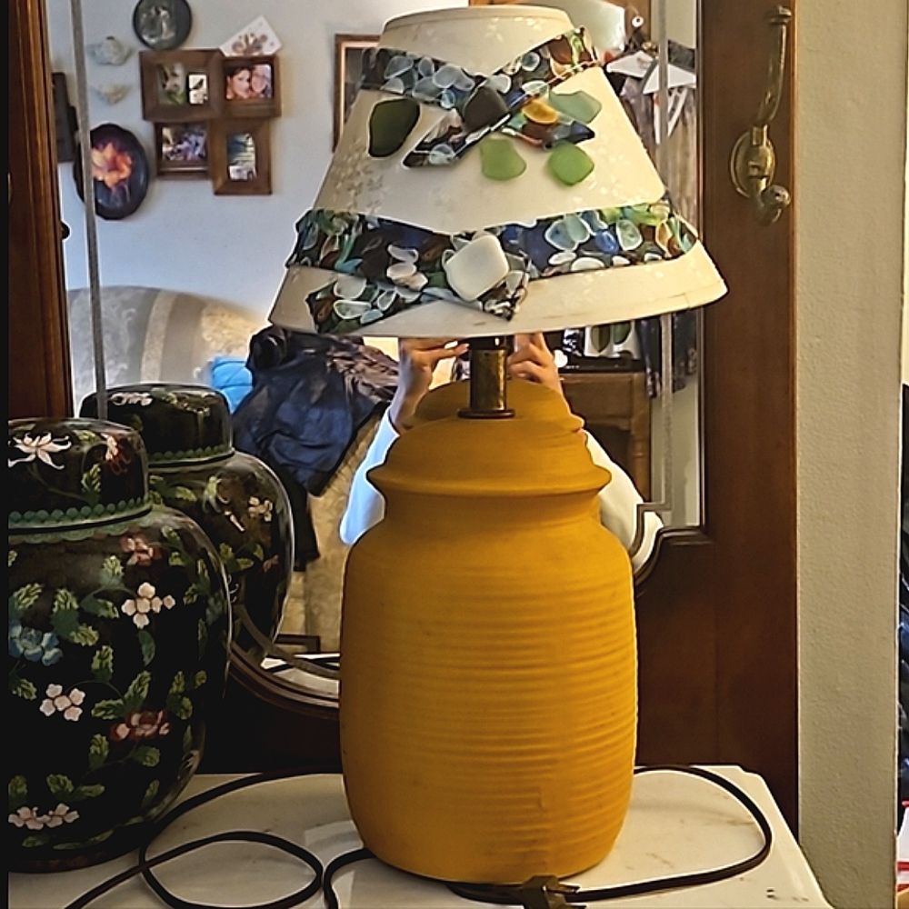 CLEARANCE 1940s Italy marked " handmade pottery lamp eyelet  shade